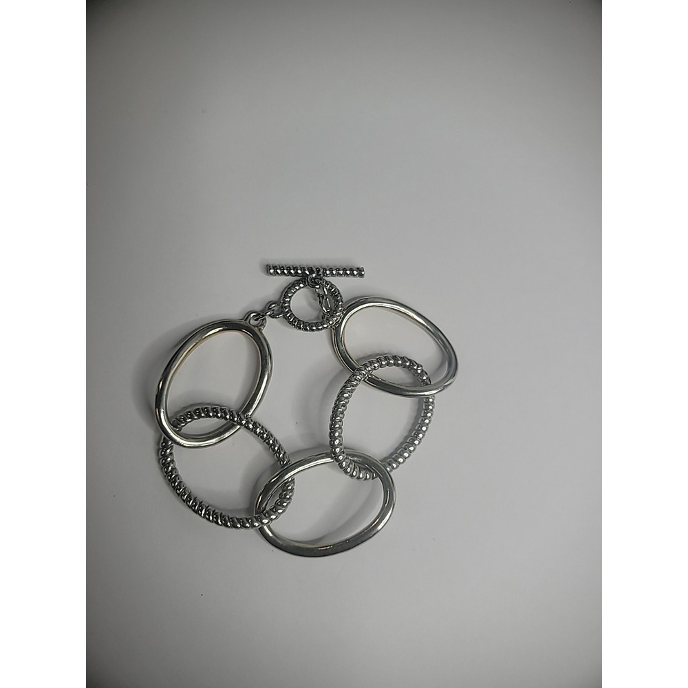 Vintage Silver Tone Chain Linked Bracelet Ribbed and Solid Jewelry Costume‎